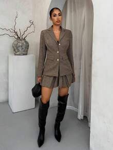 SHEIN SXY Houndstooth Elegant Vintage Jacket & Pleated Skirt Suit,Fall Women Clothes,Winter Clothes For Women,Business Casual Woman,Office Outfits For Women,Lounge Sets For Women,Work Outfits For Women,Work Clothes Women,Plaid Skirt,Festival Outfits For Women,Classy Outfits For Women,Going Out Outfits