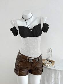 SHEIN Unity Women's Jacquard Design Off-Shoulder Fashionable Contrast Color T-Shirt - Black and White - View 3