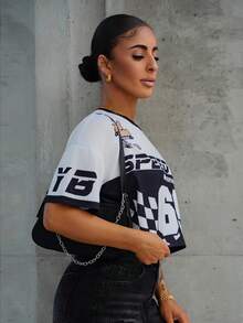 SAYEHFBABY Women's Letter Print Round Neck Drop Shoulder Short Sleeve Casual Black & White Racing T-Shirt - Black and White - View 4