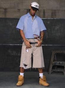 AXEPEAK 男士夏季条纹短袖单排扣休闲衬衫 - 藍色 - 查看 6