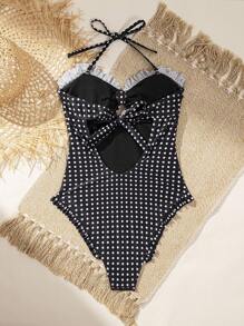 Swim Mod Women's Summer New Seaside Swimming Fashionable Vacation Sweet Black & White Polka Dot Print Cute Ruffle One-Piece Swimsuit - Black and White - View 2
