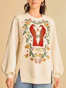 CAJUNI Women's Tropical Bird & Plant Print Casual Vacation Sweatshirt With Slit Hem And Puff Sleeves In Fall/Winter - Multicolor - View 4