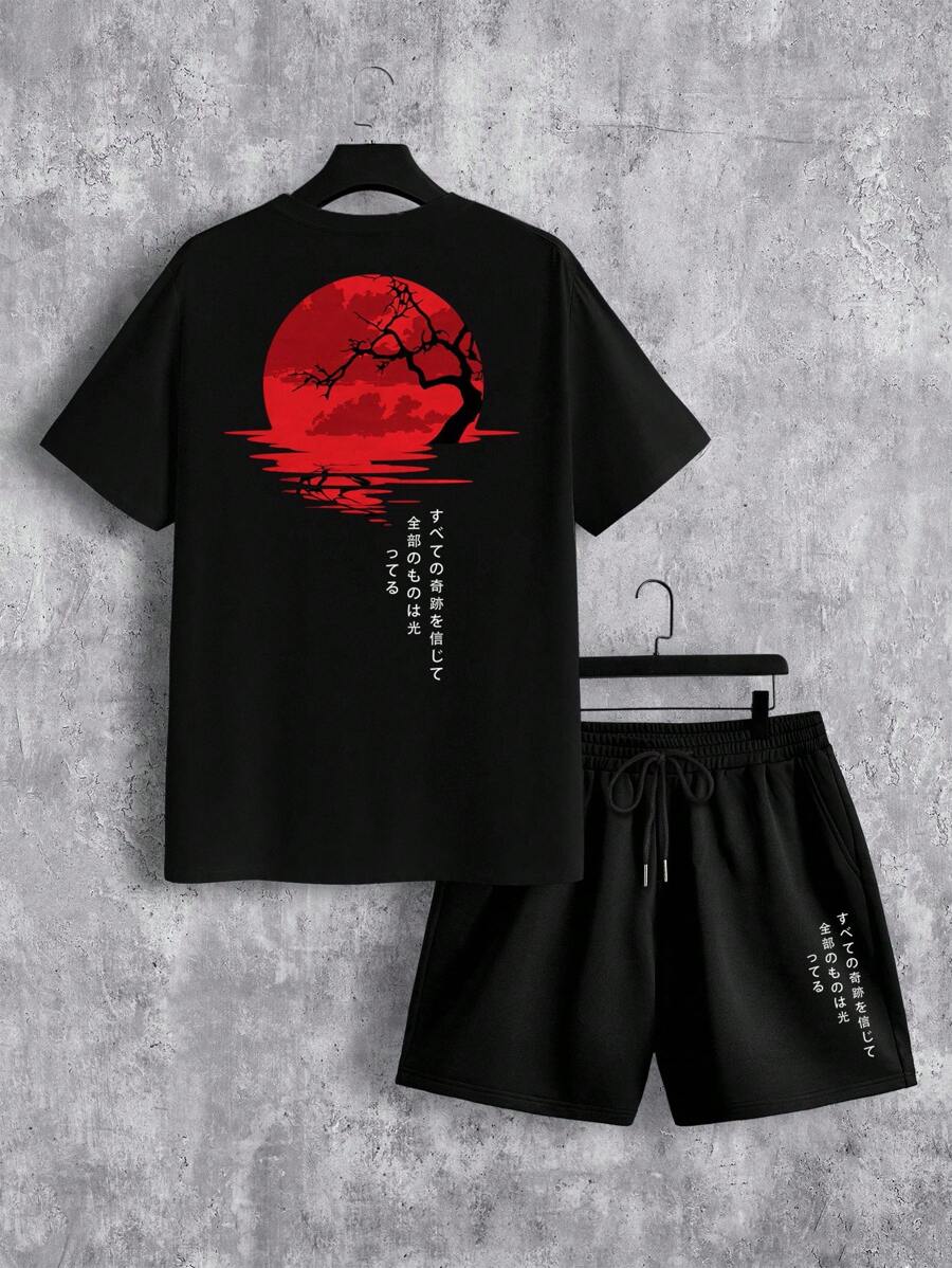 Manfinity Homme Japanese Style Red Sunset Japanese Lettering Typesetting Casual Printed Men's Standard Size Black Short Sleeve T-Shirt And Shorts Set