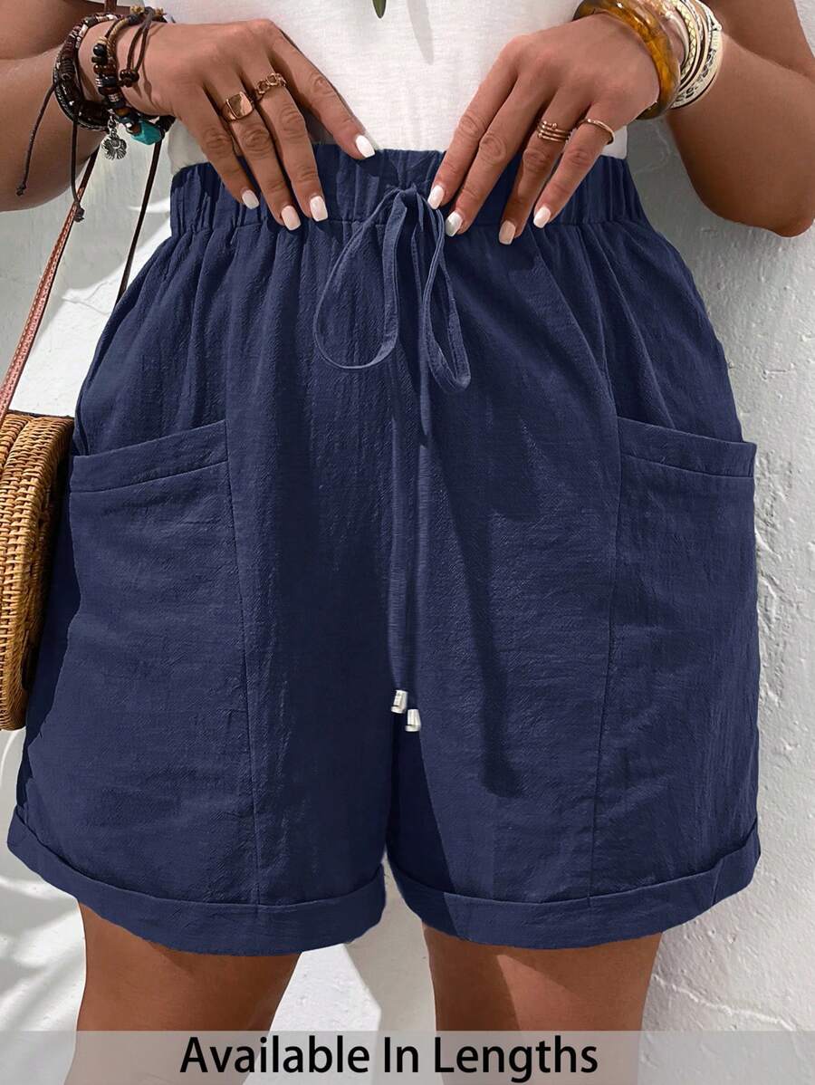 SHEIN Tall CURVE 女士加大码时尚休闲宽松短裤，带口袋设计，女士亚麻短裤，海军蓝短裤，休闲短裤，带口袋，亚麻抽绳短裤 - 藏蓝色 - 查看 1