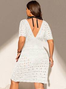 Swim Lushoire 大码女式优雅度假单件全新针织全黑蕾丝前后深V领比基尼罩衫泳衣