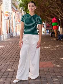 Andrea Bello Striped Pattern Polo Neck Knit Top - Green - View 4