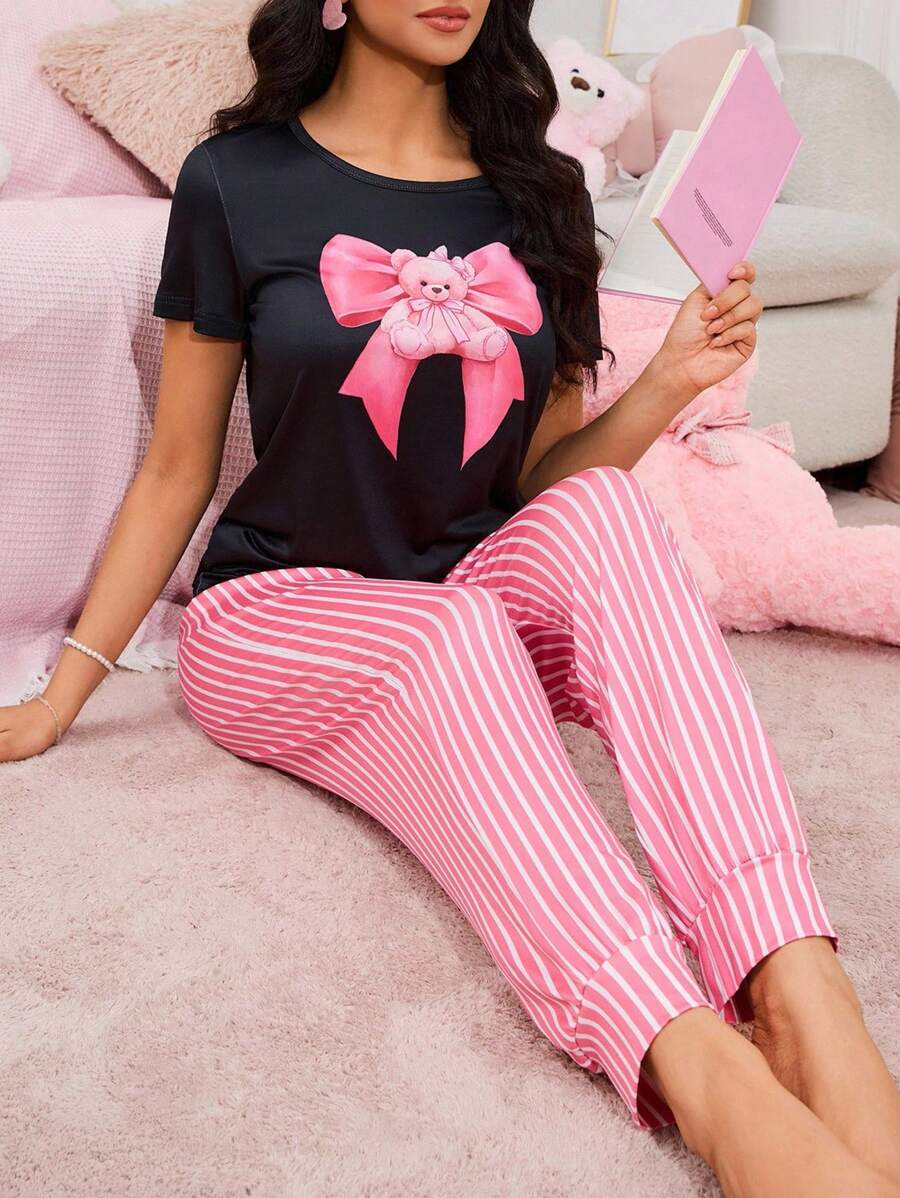 条纹泰迪熊和蝴蝶结图案圆领女士睡衣套装 - 彩色 - 查看 1