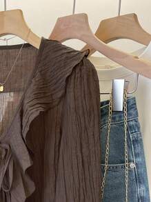 INAWLY Plus Size V-Neck Pleated Ruffle Tie Front Blouse Fall Cloth For Women - Coffee Brown - View 6
