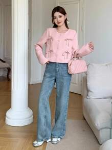 SHEIN 少女蝴蝶结装饰前扣圆领优雅长袖粉色夹克外套，适合春季、秋季、冬季、春节、聚会、派对、通勤，适合多种场合，返校 - 粉色 - 查看 5