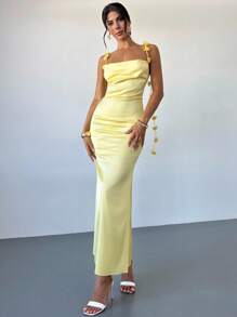 Firerie Vestido de verano elegante de mujer con camisola con flores 3D y espalda descubierta - Amarillo - Ver 8