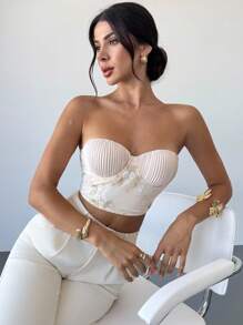 Firerie Women's Elegant Romantic Delicate Sexy Vacation Party Daily Pleated Embroidery Mesh Apricot Tight Bandeau Top, Summer - Apricot - View 6