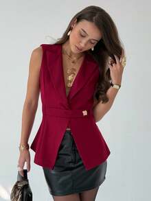 xheAloruh Chaleco sin mangas de unicolor con cuello de solapa, casual, delgado, elegante para otoño, ideal para maestras, color burdeos, con botones frontales en la cintura y hebillas metálicas para un exquisito atuendo de oficinaxhe - Burdeos - Ver 5