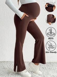 SHEIN Ropa de otoño, ropa de otoño, ropa de maternidad de otoño Pantalones de maternidad casuales de unicolor con cintura alta ajustable y bajo con abertura, pantalones de maternidad versátiles, pantalones de embarazo, pantalones de maternidad acampanados, leggings de maternidad, pantalones de maternidad marrones