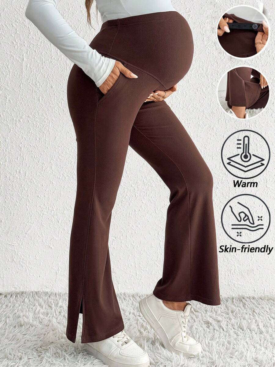 SHEIN Ropa de otoño, ropa de otoño, ropa de maternidad de otoño Pantalones de maternidad casuales de unicolor con cintura alta ajustable y bajo con abertura, pantalones de maternidad versátiles, pantalones de embarazo, pantalones de maternidad acampanados, leggings de maternidad, pantalones de maternidad marrones