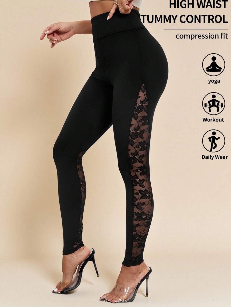 Amorya Contrast Lace Panel Black Leggings Fall/Winter Back To School Modest Vintage Old Money Teacher Airport Summer Black Pants Summer - Black - View 1