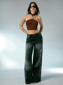 Denimoi Women's Sexy Front Metal Ring Detail Simple Going Out Top - Brown - View 3