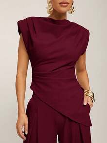 Silquee Top elegant pentru femei, culoare solidă, cu umeri lați, tiv asimetric, vară, top vin, top vișiniu, drapat, mânecă scurtă, top maro, toamnă, stil vechi de damă, stil Stockholm, ținută business casual pentru femei, ținută office, pentru ieșiri în oraș, birou - Burgundia - Vizualizare 3