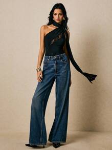 Poéselle Women's Sexy Lace Patchwork One Shoulder Blouse, Lace Top, Y2k Tops,Off The Shoulder Top,Work Tops,Winter Tops,Business Casual Woman,Office Outfits For Women,Old Money Style Women,Classy Outfits For Women, Fall Clothes For Women,Winter Clothes For Women