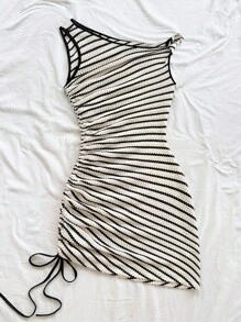 Soleia 女士度假活力条纹不对称扭纹抽绳褶饰紧身迷你连衣裙，时尚休闲，海滩，派对 - 咖啡 - 查看 4