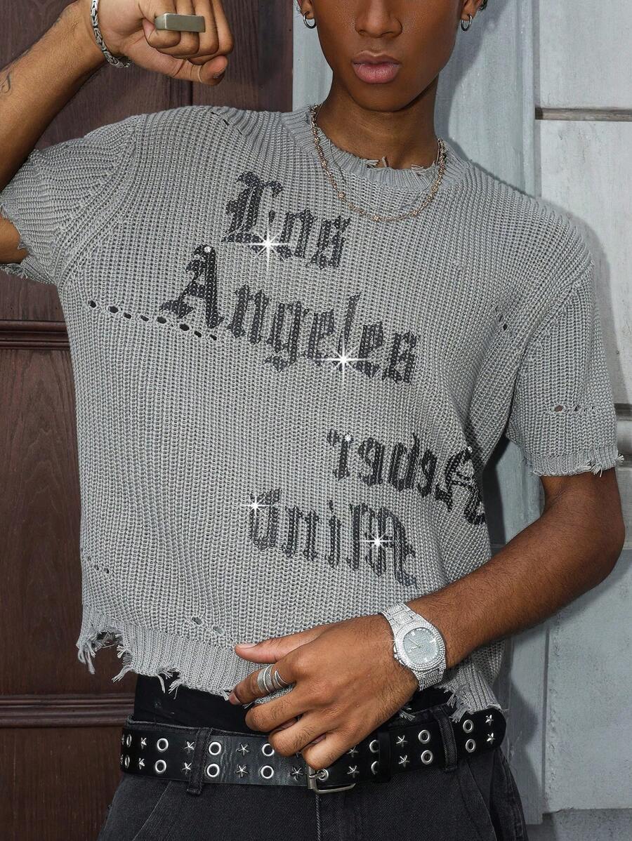 PAVTROS Manfinity Streetrush Blogger Design Rhinestone & English Text Print Casual Men's Vest Back To Shcool - Grey - View 1