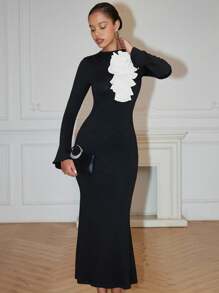 Rafferiza Women Spring/Summer 3D Floral Decor Crew Neck Long Sleeve Fishtail Hem Fitted Elegant Dress Maxi Women Outfit