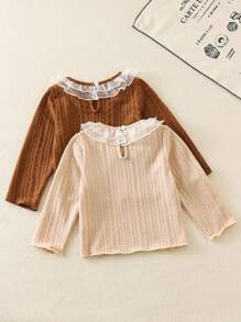 SHEIN 2pcs Baby Girls' Khaki & Beige Lace Knitted Long Sleeve Shirt Set, Warm & Comfortable Knitwear, Autumn/Winter