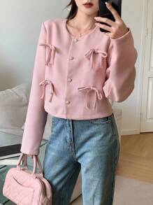 SHEIN 少女蝴蝶结装饰前扣圆领优雅长袖粉色夹克外套，适合春季、秋季、冬季、春节、聚会、派对、通勤，适合多种场合，返校 - 粉色 - 查看 6