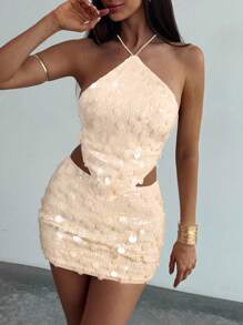 Aloruh Women's Sexy Sequin Backless Halter Top And Mini Skirt 2 Pieces Set, Summer - Apricot - View 5