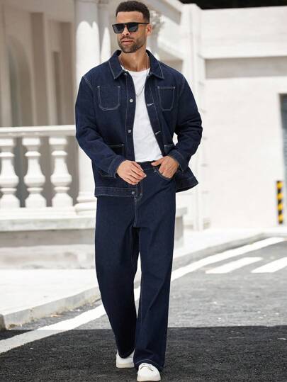 Manfinity Homme 大码男士街头风格休闲抗皱、耐用、防污口袋深蓝色牛仔西装，秋季服装