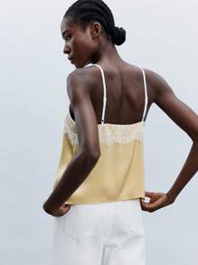 Maija Yellow Spaghetti Strap Cami With Lace Detail And Plant-Inspired Pattern,Fall Women Clothes,Halloween,Autumn, Christmas Women's Clothing  Christmas Pajamas Family