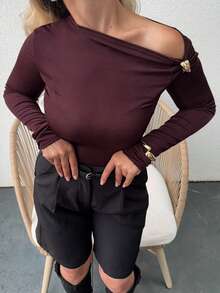 Jeta Ari 黑色现代时尚扭纹金属装饰长袖紧身衣，女士正式性感服装 - 巧克力棕 - 查看 6