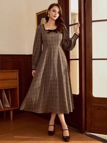 Vintamour Váy cổ điển thanh lịch dành cho nữ, váy cổ vuông viền tương phản ôm sát mùa xuân/hè, váy cài nút nơ, váy xòe tay dài, váy kẻ caro màu cà phê - Cà phê - Xem 7