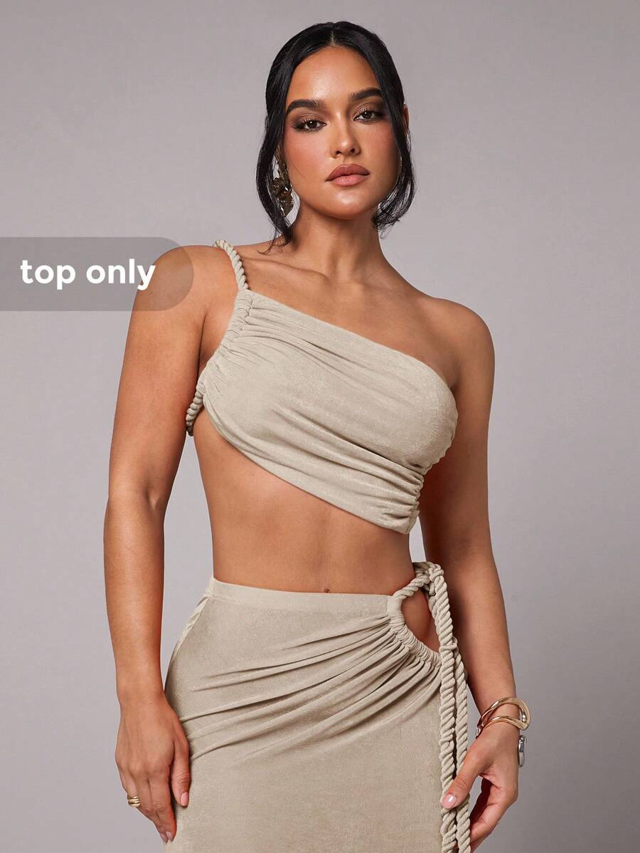 Silquee Women's Solid Color Ruched Cropped Top, Suitable For Commuting, Daily Wear, Vacation, Spring Break, Beach, Night Out, Girls' Gathering, Beach Party, Pool Party, Dressy Tops One Shoulder Tops, Going Out - Apricot - View 1