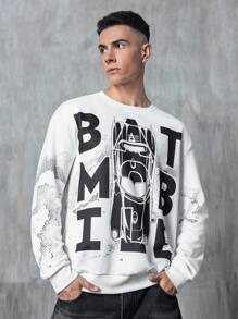 BATMAN X SHEIN 男士字母图案圆领长袖卫衣 男士蝙蝠车图案卫衣 男士图案卫衣 标语卫衣 - 白色 - 查看 3