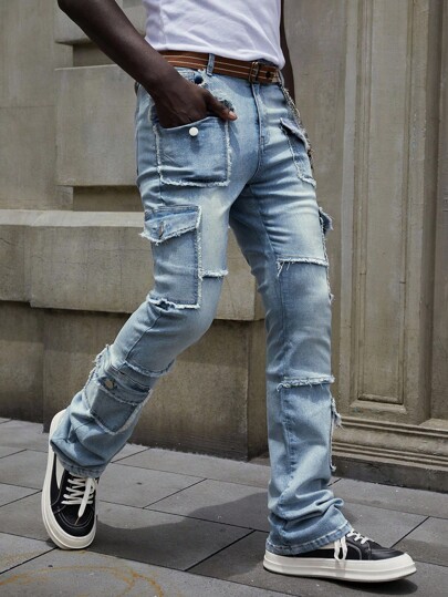 Street Life Jeans cargo en denim délavé et déchiré pour hommes, style décontracté