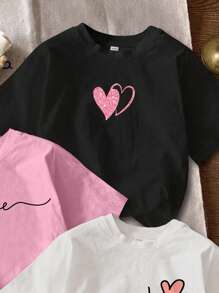 Attitoon Conjunto 3 peças de camiseta casual minimalista com estampa de coração, gola redonda, manga curta, cropped, justa, para mulheres, adequada para o verão - Multicolorido - Ver 4