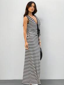 SHEIN SXY 2pcs Casual Black & White Striped Print V-Neck Tank Top And Mini Skirt Set Striped Maxi Dress Long Dress Summer Women Black And White Striped Dress Summer Maxi Dress,Vacation Outfits Woman,Beach Outfits For Woman,Going Out Tops Women,Sexy Outfits For Women,Boho Clothes Women,Tie Front Top