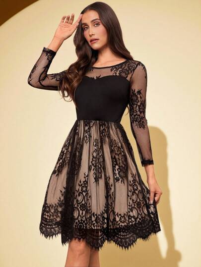 Amorya Women's Lace Mesh Sheer Overlay Knee-Length Dress,Ladies Elegant Contrast Lace,Contrast Mesh,Scallop Long Sleeve Round Neck Regular Fit Short Black Regular Sleeve Colorblock A Line Women Short Dresses,Spring/Fall,Casual Daily Wear Fall/Winter Women Clothes Back To School Modest Vintage Old Money Teacher Outfits For Women Airport