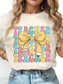 EMERY ROSE Plus Size Summer Casual Bow & Teacher Letter Print T-Shirt - Apricot - View 4