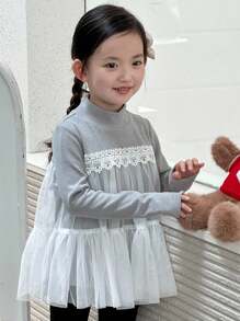 DAZY Young Girls Contrast Color Mesh Long Sleeve Korean Style T-Shirt