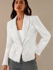 Lilora Women's Casual/Office Wear Sequin Lapel NeckLong Sleeve Blazer White Blazer For Women Women Blazers Tweed Blazer Sequin Blazer White Jacket For Women In Fall/Winter - White - View 9