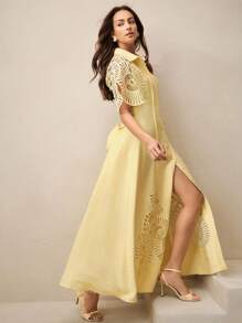 Anewsta Women's Single-Breasted Hollow-Out Patchwork Long Shirt Dress