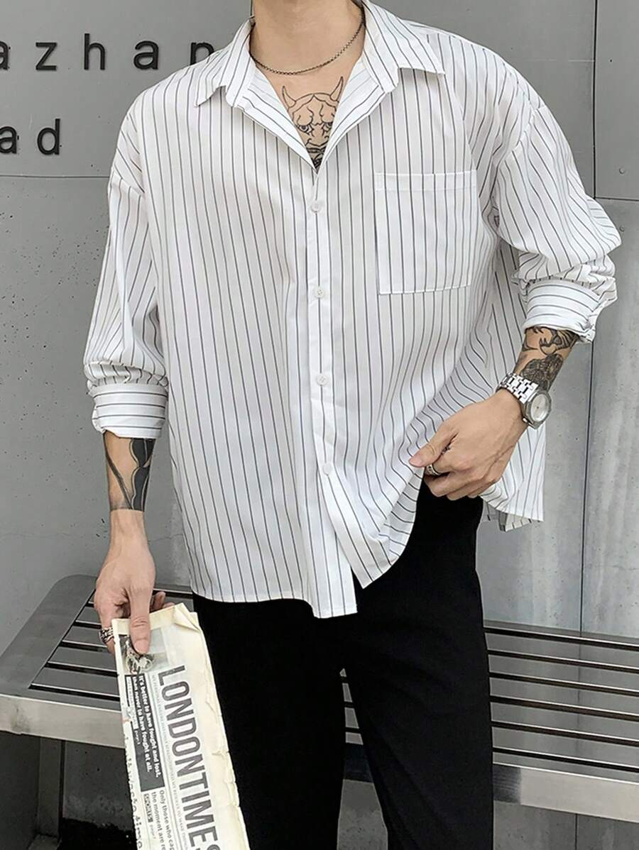 Manfinity Dauomo 男士休闲长袖单排扣口袋宽松条纹衬衫 - 彩色 - 查看 1