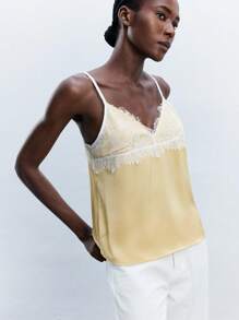 Maija Yellow Spaghetti Strap Cami With Lace Detail And Plant-Inspired Pattern,Fall Women Clothes,Halloween,Autumn, Christmas Women's Clothing  Christmas Pajamas Family