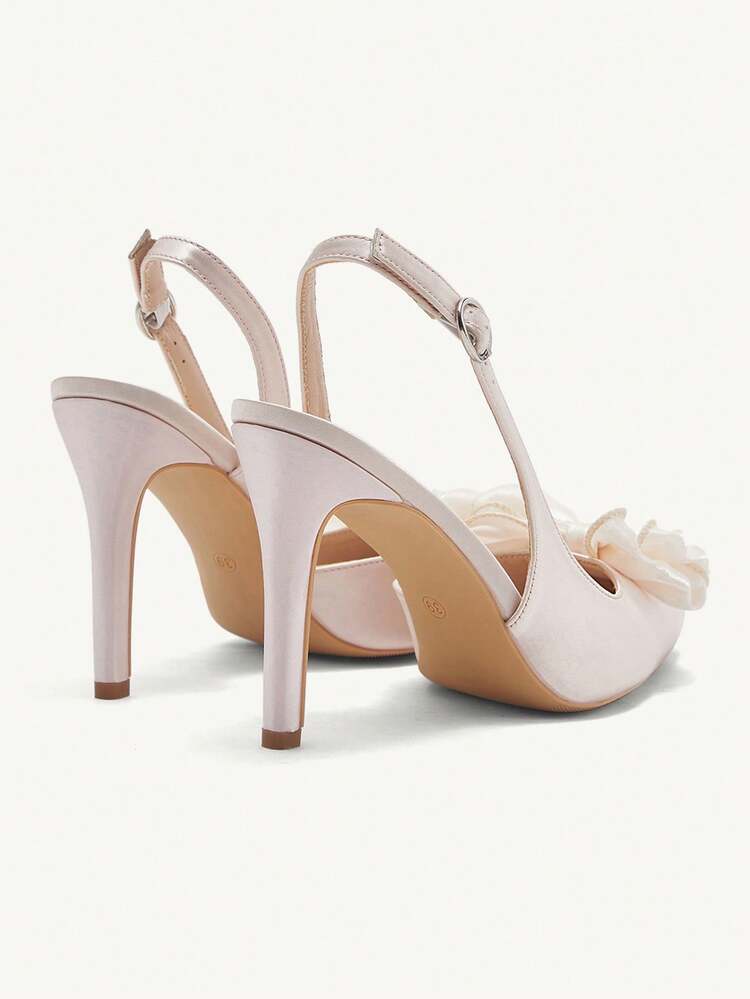 CUCCOO CHICEST Women's Elegant Pointed Toe Satin Backless High Heel Pumps With Floral Decor, Comfortable For Work, Wedding And Formal Occasions