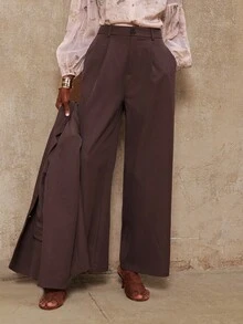 SHEIN Privé VITNOS 秋冬聚会宴会适度复古金钱闪光节日派对狂欢节郊游度假热门户外丰富层次婚礼季宴会休闲通勤纯色夹克和裤子套装 - 咖啡棕 - 查看 7