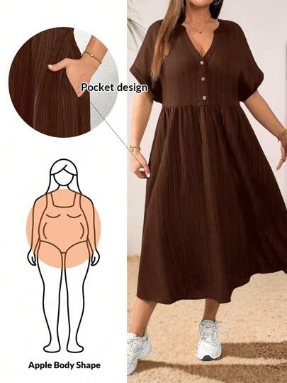 SHEIN Essnce Damen Große Größen Frühlings- und Sommer-Mode, lässig, locker und bequem, tägliches schwarzes Strukturstoff-Kleid mit V-Ausschnitt, Kurzarm, knielang, mit Taschen, Sommer-Outfits für Frauen, Arbeitskleid, Kurvenkleid in Schwarz, Kirchenkleidung für Frauen