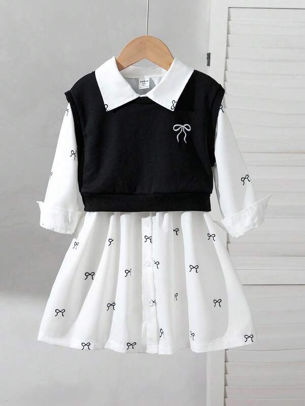 2pcs/Set Young Girls Fashion Butterfly Embroidery Vest + Butterfly Print Shirt Dress, Casual, Suitable For Everyday, School, Spring/Autumn