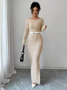 Elenzga Women's Solid Color Elegant Round Neck Long Sleeve Side Slit Hem Fitted Knit Dress Fall Winter Cloth For Women - Khaki - View 4
