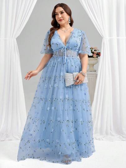 Coutiva Elegant blommig meshbroderi kortärmad djup v-ringning rosett snörning dekoration ljusblå swingbalklänning lämplig för födelsedagsfest, sammankomst, examensbal